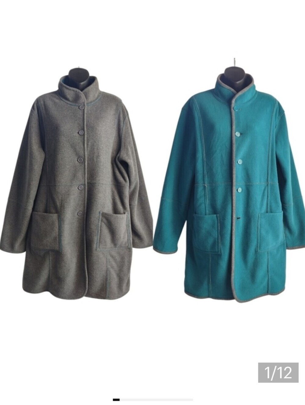 Susan Graver Womens Reversible Gray /Teal Fleece Long Sleeve Button Up Coat Sz L